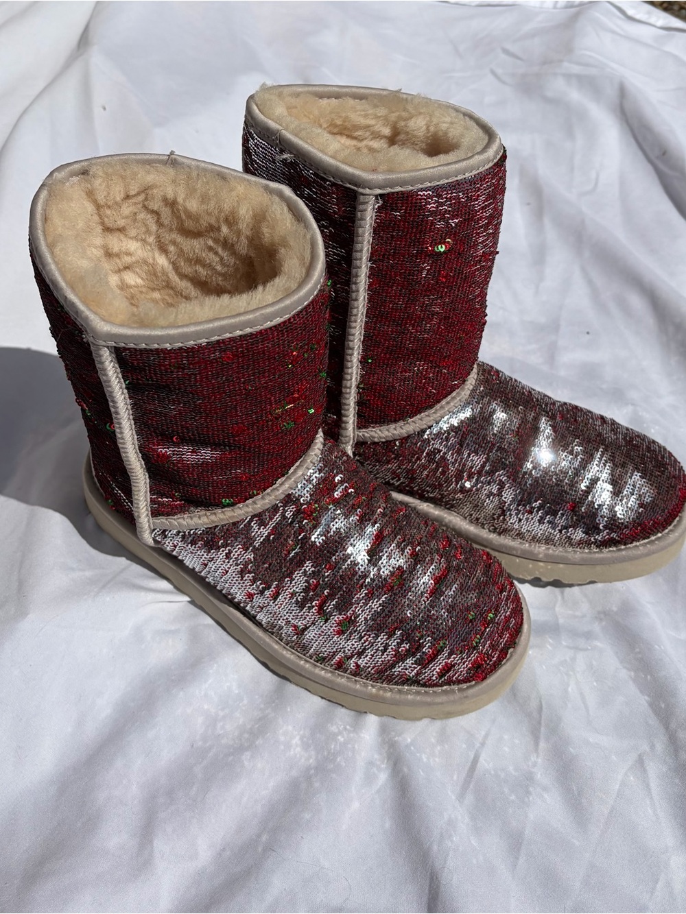 Sequin UGG Winter Boots - Red, silver, and green Y2K